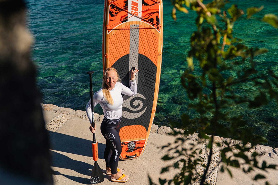 Outfit damski 4 – pomarańczowy – deska SUP GLADIATOR PRO, lycra, COOL klapki