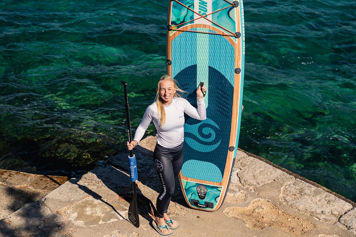 Outfit damski 9 – turkusowy – deska SUP GLADIATOR PRO, lycra, COOL klapki