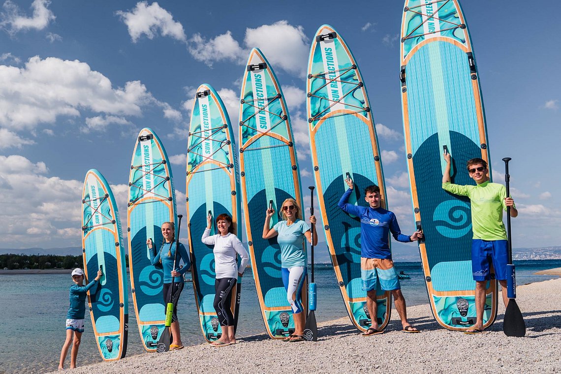 Outfit damski 9 – turkusowy – deska SUP GLADIATOR PRO, lycra, COOL klapki