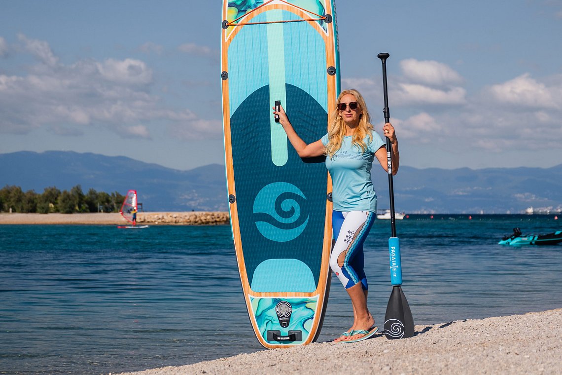 Outfit damski 12 – turkusowy – deska SUP GLADIATOR PRO, lycra, COOL klapki