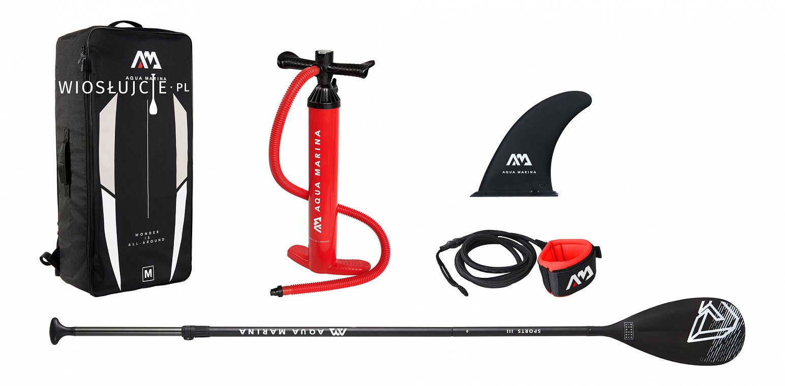 AQUA MARINA pompowane deski SUP ALL-AROUND ADVANCED - deska SUP, statecznik, regulowane 3-częściowe wiosł0 SPORT II, pompka V1, leash – linka bezpieczeństwa, plecak/ torba transportowa zip pack
